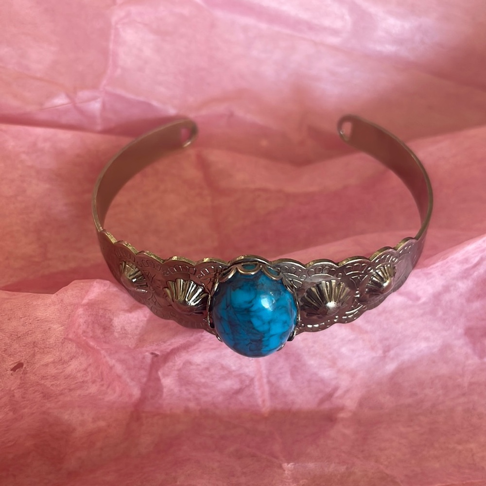 Vintage turquoise youth bracelet, small cuff with beautiful designs - rare find